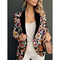 Women's Blazer Office Print Flower Breathable Fashion Regular Fit Outerwear Long Sleeve Spring Black S Lightinthebox - thumbnail