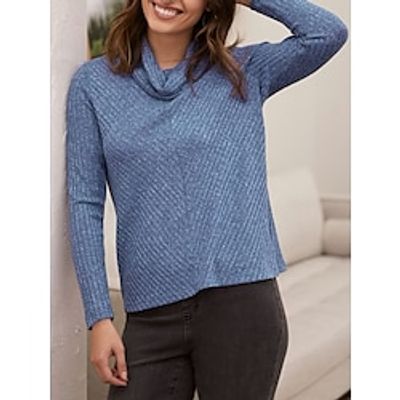 Women's Blouse Ribbed Plain Blue Long Sleeve Casual Going out Fashion Streetwear Cowl Neck Regular Fit Spring Lightinthebox