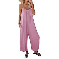 Women's Jumpsuit Backless Pocket Solid Color V Neck Casual Street Daily Regular Fit Sleeveless Green Pink Light Blue S M L Spring miniinthebox - thumbnail