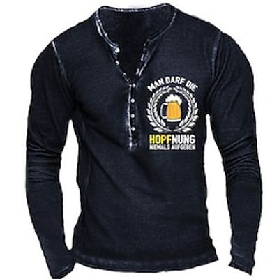 Men's T shirt Tee Henley Shirt Tee Graphic Beer Henley Black 3D Print Plus Size Outdoor Daily Long Sleeve Button-Down Print Clothing Apparel Basic Designer Classic Comfortable / Sports miniinthebox