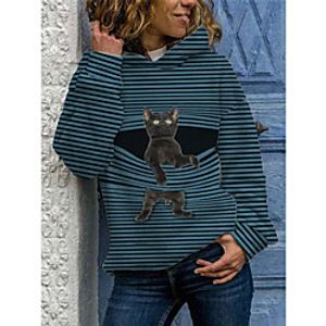 Women's Hoodie Pullover Striped Cat Graphic Daily Casual Hoodies Sweatshirts  Blue Gray Green / Micro-elastic miniinthebox
