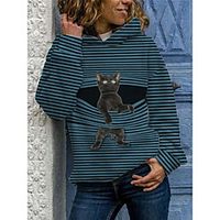Women's Hoodie Pullover Striped Cat Graphic Daily Casual Hoodies Sweatshirts  Blue Gray Green / Micro-elastic miniinthebox - thumbnail