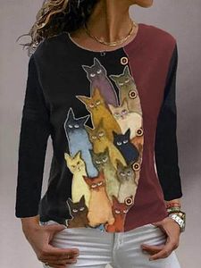 Round Neck Cat Print Long Sleeve T-shirt