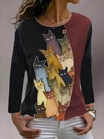 Round Neck Cat Print Long Sleeve T-shirt - thumbnail