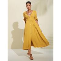 Women's Linen Blend Yellow Bow Detail Midi Tea Dress