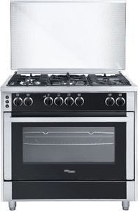 Super General Freestanding Gas-Cooker 5-Burner Full-Safety, Steel Cooker, Gas Oven With Thermostat, Rotisserie, Automatic Ignition, Silver - SGC916FSBGOF