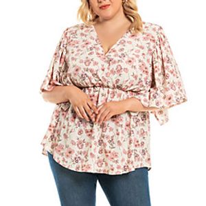 Women's Plus Size Tops Blouse Shirt Floral Print Half Sleeve V Neck Streetwear Fall Summer White Navy Blue Big Size XL XXL 3XL 4XL 5XL  Cotton Lightinthebox