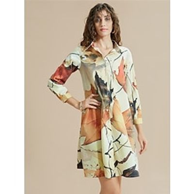 Women's Shirt Dress Casual Dress Midi Dress Outdoor Daily Date Polyester Fashion Modern Shirt Collar Print Button Long Sleeve Fall Winter Loose Fit Apricot Leaf S M L XL 2XL Lightinthebox