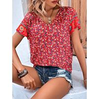 Women's Shirt Blouse Floral Casual Holiday White Red Button Print Short Sleeve Fashion Boho V Neck Regular Fit Summer Lightinthebox