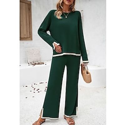 Women's Shirt Pants Sets Plain Black Brown Green Split Long Sleeve Casual Daily Fashion Round Neck Regular Fit Spring   Fall Lightinthebox