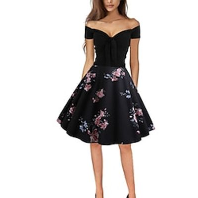 Women's Swing Dress Knee Length Dress Black Short Sleeve Print Patchwork Cold Shoulder Print Summer Off Shoulder Vintage Cap Sleeve 2022 S M L XL XXL  3D Print Lightinthebox