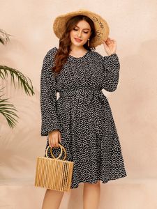 Plus Size V-neck Polka Dot Belt Design Long Sleeves Midi Dress