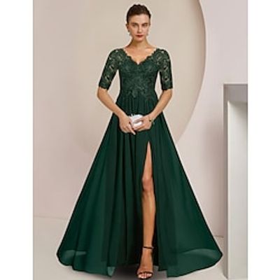 A-Line Mother of the Bride Dress Formal Wedding Guest Elegant V Neck Floor Length Chiffon Lace Half Sleeve with Pleats Appliques Split Front 2023 Lightinthebox A-Line Mother of the Bride Dress Formal Wedding Guest Elegant V Neck Floor Length Chiffon Lace Half Sleeve with Pleats Appliques Split Front 2023 Lightinthebox