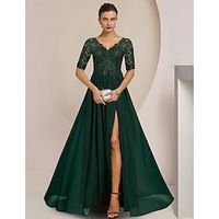 A-Line Mother of the Bride Dress Formal Wedding Guest Elegant V Neck Floor Length Chiffon Lace Half Sleeve with Pleats Appliques Split Front 2023 Lightinthebox - thumbnail