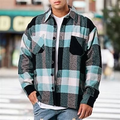 Plaid Casual Men's Shirt Shirt Jacket Shacket Outdoor Street Casual Daily Fall  Winter Turndown Long Sleeve Yellow Blue S M L Shirt Lightinthebox
