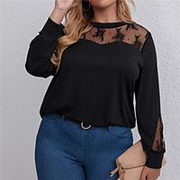 Women's Plus Size Tops Blouse Shirt Plain Lace Long Sleeve Crewneck Basic Daily Work Polyster Spring Summer Pink Wine miniinthebox - thumbnail