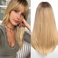 Long Blonde Wigs for Women Straight Synthetic Wig with Bangs Lightinthebox