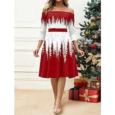 Women's Retro 1950s Vintage Dress Midi Dress Christmas Daily Print Christmas Tree Off Shoulder 34 Length Sleeve Slim Spring Fall 2023 Red Blue S M L XL Lightinthebox