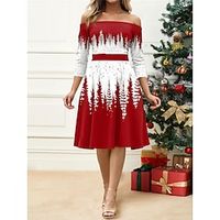 Women's Retro 1950s Vintage Dress Midi Dress Christmas Daily Print Christmas Tree Off Shoulder 34 Length Sleeve Slim Spring Fall 2023 Red Blue S M L XL Lightinthebox - thumbnail
