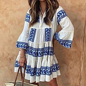 Women's Swing Dress Short Mini Dress Blue Purple Green 34 Length Sleeve Geometric Print Fall V Neck Casual 2021 S M L XL Lightinthebox