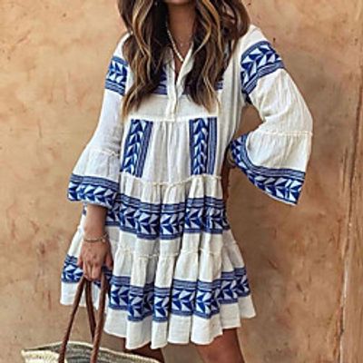 Women's Swing Dress Short Mini Dress Blue Purple Green 34 Length Sleeve Geometric Print Fall V Neck Casual 2021 S M L XL Lightinthebox
