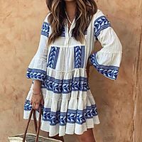 Women's Swing Dress Short Mini Dress Blue Purple Green 34 Length Sleeve Geometric Print Fall V Neck Casual 2021 S M L XL Lightinthebox - thumbnail