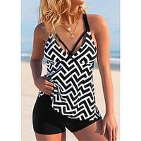 Women's Swimwear Tankini 2 Piece Plus Size Swimsuit 2 Piece Graphic Black Blue Tank Top Bathing Suits Sports Summer Lightinthebox - thumbnail