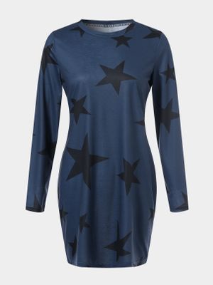 YOINS BASICS Casual Star Pattern Round Neck Long Sleeves Mini Dress