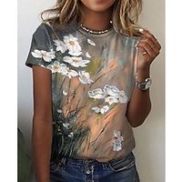 Women's T shirt Tee Orange Floral Print Short Sleeve Holiday Weekend Basic Round Neck Regular Floral Painting S miniinthebox - thumbnail