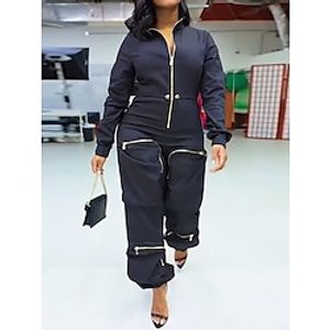 Women's Jumpsuit Zipper Pocket Solid Color Shirt Collar Streetwear Street Daily Regular Fit Sleeveless Black White S M L Fall miniinthebox