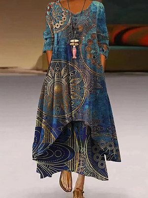 V-neck Casual Loose Vintage Print Long Sleeve Maxi Dress