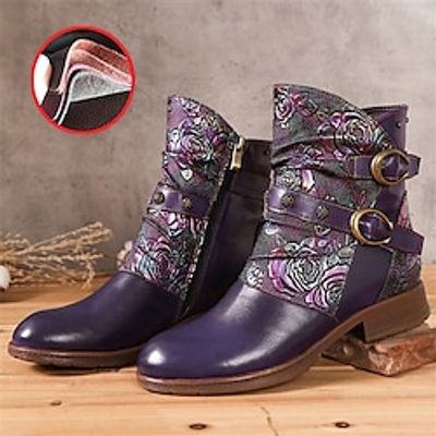 Women's Boots Plus Size Handmade Shoes Daily Floral Mid Calf Boots Booties Ankle Boots Winter Rivet Buckle Kitten Heel Pointed Toe Vintage Casual Comfort Leather Zipper Cymbidium Black Purple miniinthebox
