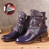 Women's Boots Plus Size Handmade Shoes Daily Floral Mid Calf Boots Booties Ankle Boots Winter Rivet Buckle Kitten Heel Pointed Toe Vintage Casual Comfort Leather Zipper Cymbidium Black Purple miniinthebox - thumbnail