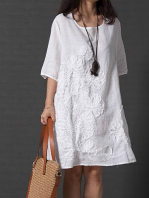 Summer New Plus Size Women's Clothing Literary Fan Loose Mid-length Skirt Is Thin And Fresh Embroidered Short-sleeved Cotton And Linen Dress Summer New Plus Size Women's Clothing Literary Fan Loose Mid-length Skirt Is Thin And Fresh Embroidered Short-sleeved Cotton And Linen Dress