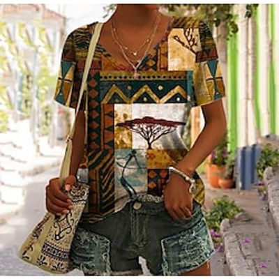 Women's T shirt Tee Yellow Graphic Print Short Sleeve Daily Weekend Basic V Neck Regular Painting S Lightinthebox