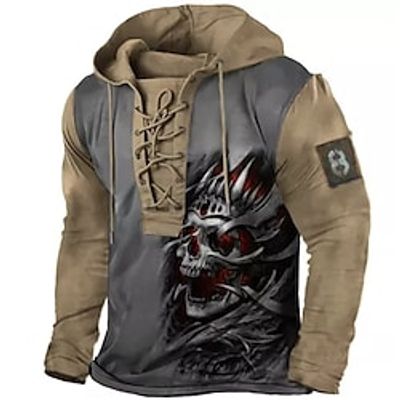 Men's Pullover Hoodie Sweatshirt Pullover Gray Hooded Color Block Skull Graphic Prints Lace up Print Casual Daily Sports 3D Print Basic Streetwear Designer Spring   Fall Clothing Apparel Hoodies miniinthebox