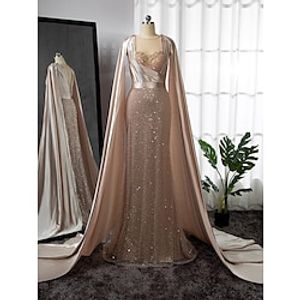 A-Line Evening Gown Elegant Dress Formal Court Train Long Sleeve Illusion Neck Stretch Satin with Pleats Ruched Beading 2023 Lightinthebox