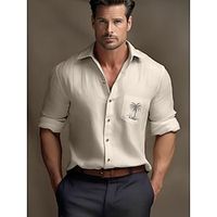 30% Linen Embroidery Men's Shirt Linen Shirt Button Up Shirt Pink Blue Army Green Long Sleeve Coconut Tree Lapel Spring   Fall Outdoor Daily Clothing Apparel Lightinthebox - thumbnail