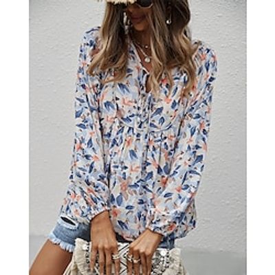 Women's Summer Tops Blouse Floral Print Marble Print Black Pink Blue Print Knotted Bow Long Sleeve Work Casual Holiday Vacation Tropical Daily Shirt Collar V Neck Form Fit Lantern Sleeve Spring Fall Lightinthebox