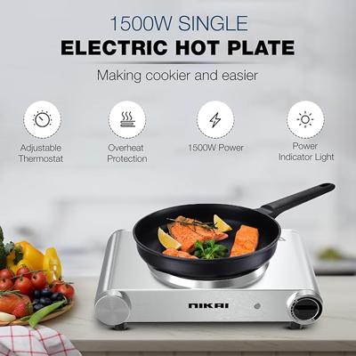 Nikai Single Hot Plate - 1500W Power, Adjustable Thermostat, Overheat Protection, Die Cast Iron Hotplates, Power indicator light, Stainless Steel Body, Easy Control - NKTOE4N2