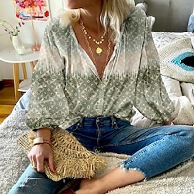 Women's Blouse Blue Purple Green Geometric Button Print Long Sleeve Casual Holiday Fashion Standing Collar Regular Fit Geometric Spring   Fall Lightinthebox