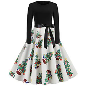 Women's A Line Dress Knee Length Dress Blue Blushing Pink Wine Green Dusty Blue Royal Blue White Red Long Sleeve Print Bow Print Fall Winter Round Neck Casual Vintage Christmas 2021 S M L XL XXL miniinthebox