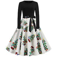 Women's A Line Dress Knee Length Dress Blue Blushing Pink Wine Green Dusty Blue Royal Blue White Red Long Sleeve Print Bow Print Fall Winter Round Neck Casual Vintage Christmas 2021 S M L XL XXL miniinthebox - thumbnail