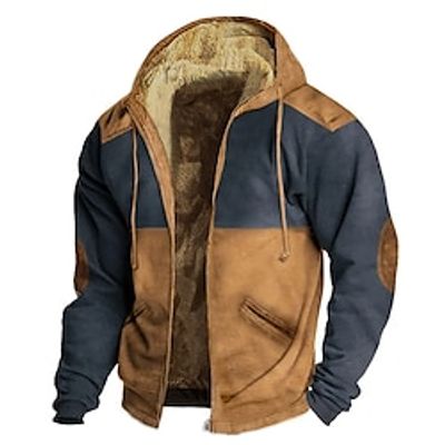 Men's Full Zip Hoodie Hoodie Jacket Sweat Jacket Fuzzy Sherpa Light Khaki. Dark Green Orange Khaki Hooded Color Block Sports  Outdoor Daily Holiday Streetwear Cool Casual Fall Winter Clothing Apparel miniinthebox