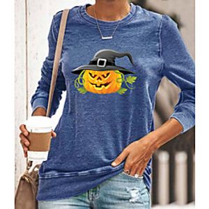 Women's Halloween Abstract Painting T shirt Graphic Pumpkin Long Sleeve Print Round Neck Basic Halloween Tops Cotton Blue Yellow Gray miniinthebox