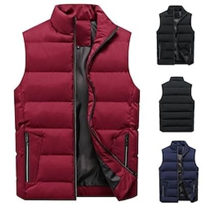Men's Puffer Vest Gilet Outdoor Camping  Hiking Daily Wear Vacation Fashion Basic Fall  Winter Zipper Pocket Polyester Windproof Warm Plain Zipper Stand Collar Regular Fit Black Red Dark Blue Vest Lightinthebox