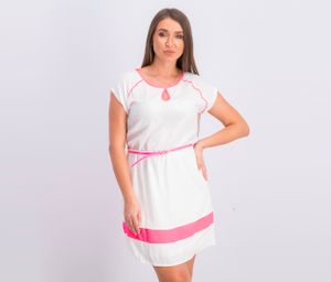 Womens Short Sleeves Belted Dress  White/Pink