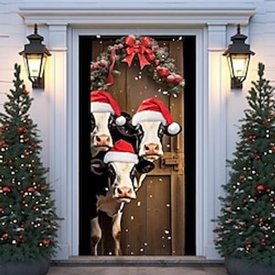 Christmas Cows Door Covers Door Tapestry Door Curtain Decoration Xmas Backdrop Door Banner for Front Door Christmas Holiday Party Decor Supplies miniinthebox