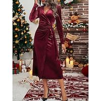 Women's Casual Dress Velvet Dress Cocktail Dress Midi Dress Burgundy Long Sleeve Pure Color Lace up Spring Fall Winter V Neck Fashion Christmas Wedding Guest Vacation 2023 S M L XL XXL 3XL Lightinthebox - thumbnail