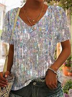 V-neck Casual Loose Sequin Print Short-sleeved T-shirt